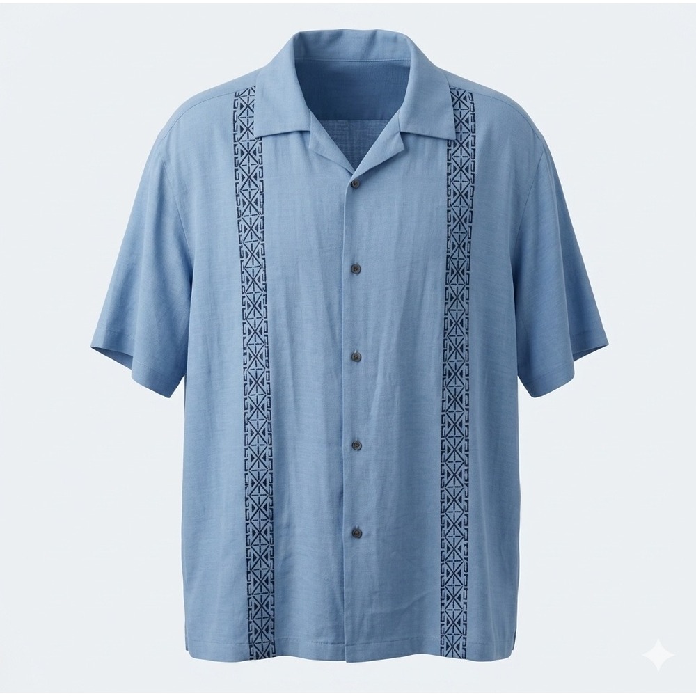 Y2K Axcess Men XXL Grey Blue Textured Rayon Embroidered Camp Shirt Short Sleeve